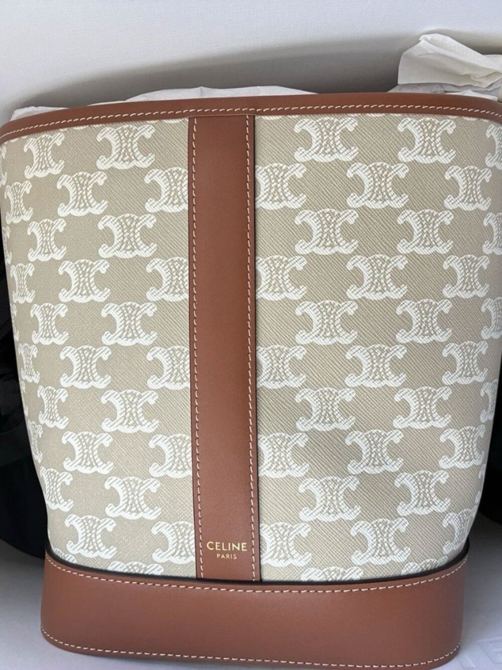 NEW Celine Small Bucket Triomphe Canvas GREGE Beige & gold / brown Calfskin